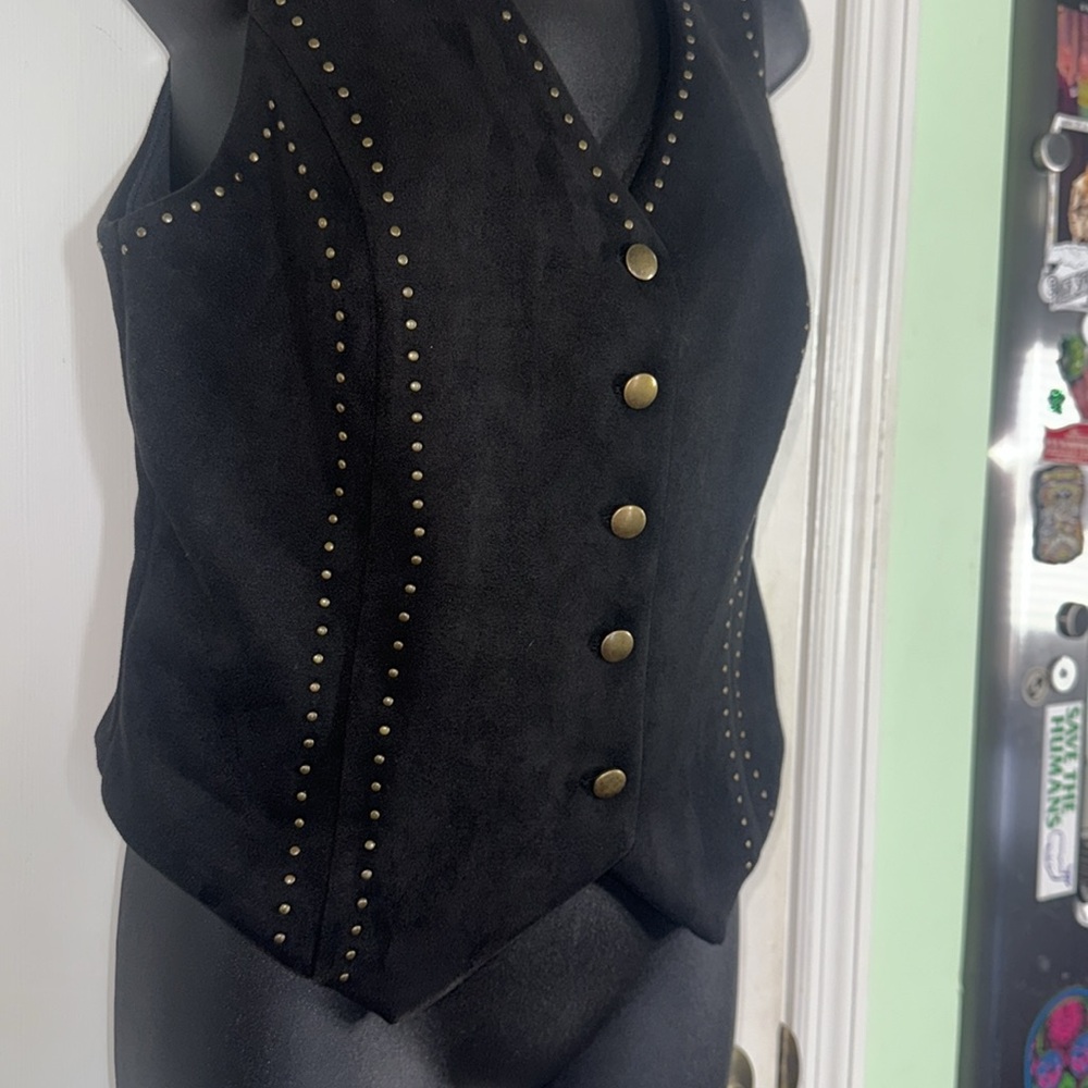 Moa Moa Studded Black Faux Suede Button Vest Biker Western Stylish Size Large - Picture 3 of 9